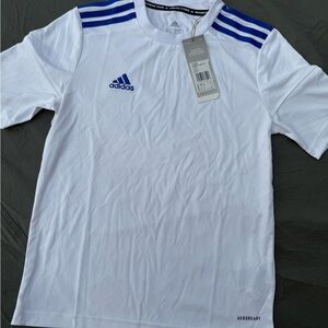 adidas White Short-Sleeve Training Jersey with Blue Stripes